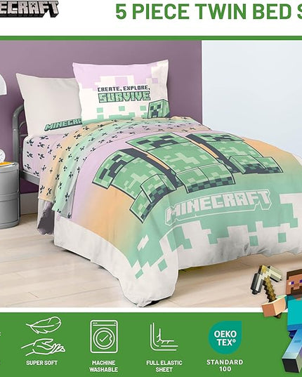 Minecraft Creeper Twin Comforter Set - 5 Piece Bedding includes Sheet Set & Pillow Covers - Super Soft Pink & Green Kids Bedding - LeafyLoom