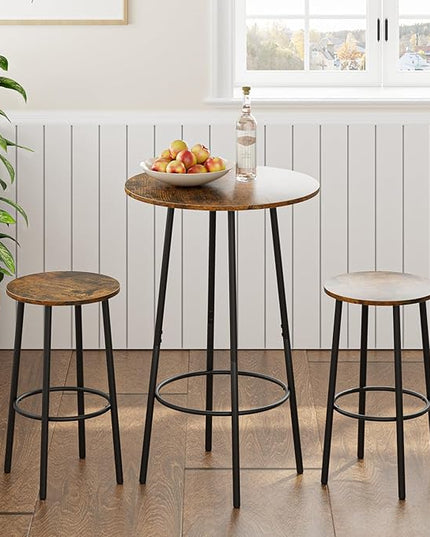 3 Piece Bar Table Set, Round Bar Table and Chairs Set of 2, Pub Dining Table Set Counter Height, Bar Stool Table for Breakfast Nook, Dinning Room, Living Room, Rustic Brown(23.6") - LeafyLoom