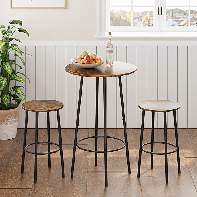 3 Piece Bar Table Set, Round Bar Table and Chairs Set of 2, Pub Dining Table Set Counter Height, Bar Stool Table for Breakfast Nook, Dinning Room, Living Room, Rustic Brown(23.6") - LeafyLoom