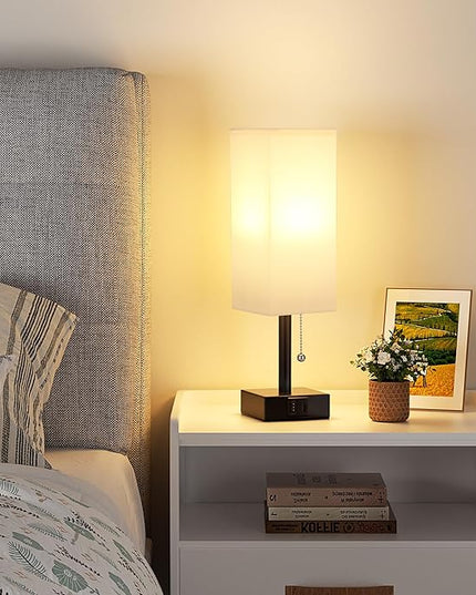 White Small Table Lamp for Bedroom - 3 Color Temperature 3000K 5000K 4000K Bedside Lamp, Pull Chain Control, USB A and C Charging Ports, Black Base, for Kids Office Dorm Nightstand, Bulb Included - LeafyLoom