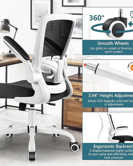 MINLOVE Office Chair Ergonomic Desk Chair with Adjustable Lumbar Support and Height, 90° Flip-up Armrests, Ergo Desk Chairs with Wheels, 360° Swivel Mesh Chair, Home Work Use (White) - LeafyLoom