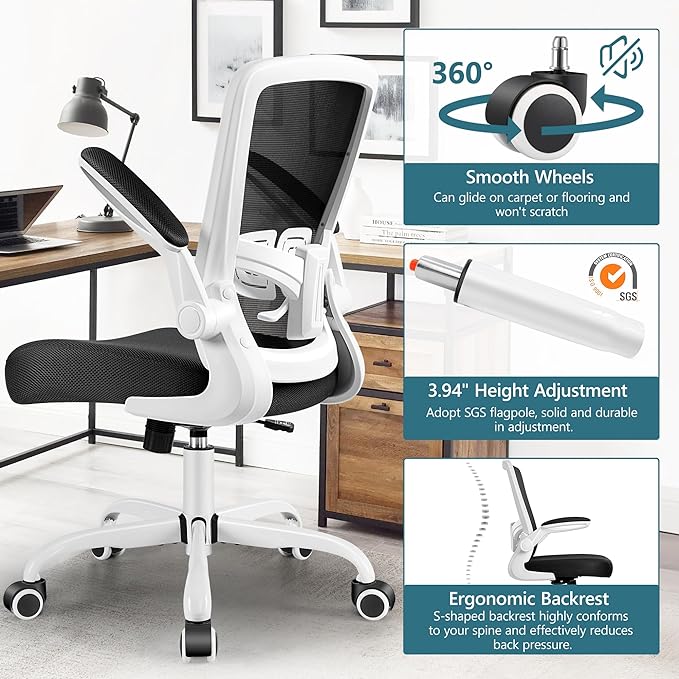 MINLOVE Office Chair Ergonomic Desk Chair with Adjustable Lumbar Support and Height, 90° Flip-up Armrests, Ergo Desk Chairs with Wheels, 360° Swivel Mesh Chair, Home Work Use (White) - LeafyLoom