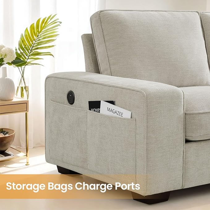 COHOME 100" L-Shaped Sofa with Storage, Chenille Upholstered Deep Seat Couch for Living Room, Sofa with Reversible Chaise, Removable Covers, 3-Seater Apartment Sofa with Charge Ports,Beige - LeafyLoom