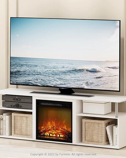 Furinno Jensen Open Storage Fireplace Entertainment Center for TV up to 70 Inch with Stainless Steel Tubes, White Oak/Chrome - LeafyLoom