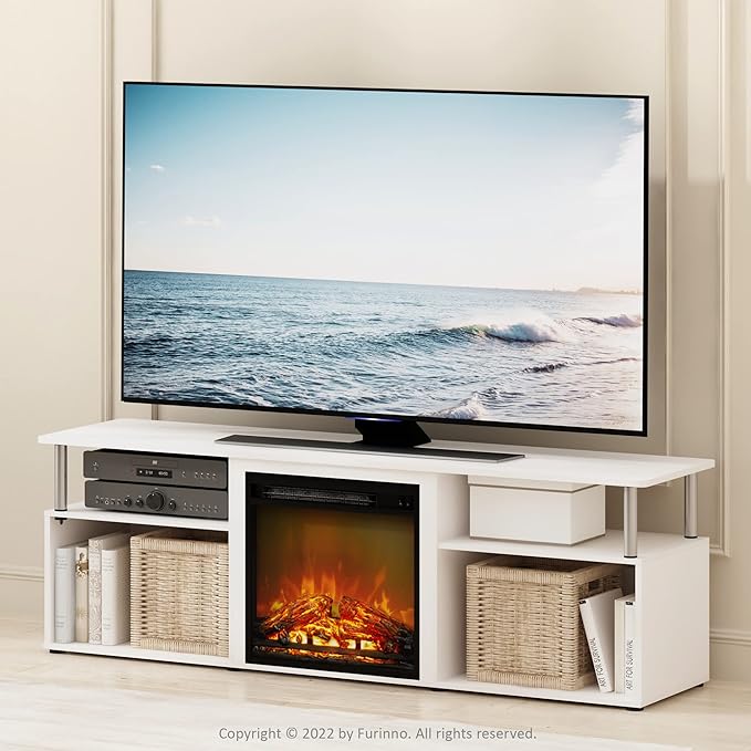 Furinno Jensen Open Storage Fireplace Entertainment Center for TV up to 70 Inch with Stainless Steel Tubes, White Oak/Chrome - LeafyLoom