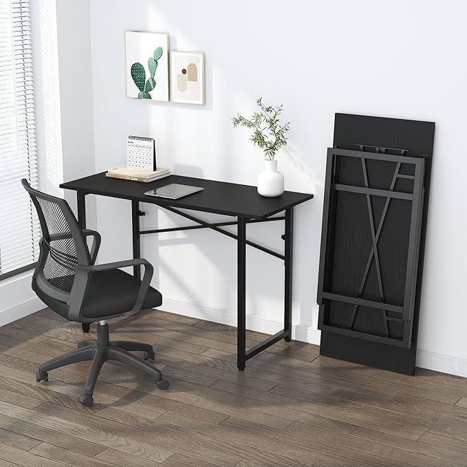 Folding Computer Desk 47 inch Writing Gaming Computer Camping Table, No Assembly Required Home Office Desk, Black - LeafyLoom