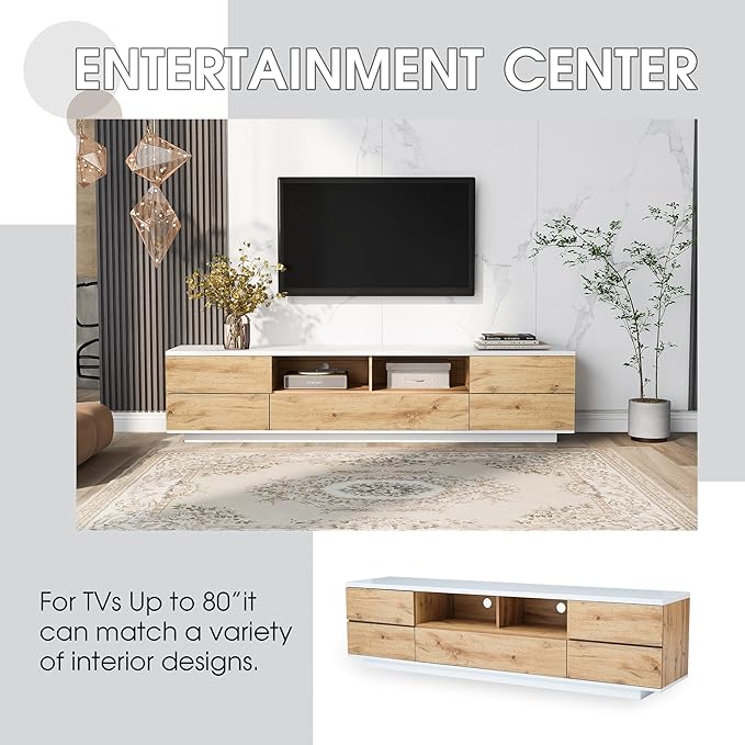 71 Inch TV Stand for TVs up to 80'', Television Stand with Ample Storage Space and Door Rebound Device, Entertainment Center for Living Room, Bedroom, Natural+White - LeafyLoom