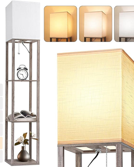 Floor Lamp with Shelves for Living Room Oak Gray, Shelf Floor Lamp with 3 CCT LED Bulb, Corner Display Standing Column Lamp Etagere Organizer Tower Nightstand with White Linen Shade for Bedroom Office - LeafyLoom