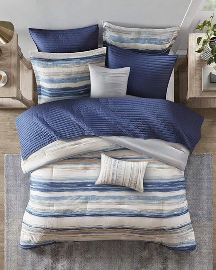 Madison Park Marina Comforter Quilt Combo Set - Modern Luxury Design, All Season Down Alternative Bedding, Matching Shams, Decorative Pillows, Full/Queen(90"x90"), Seersucker Blue 8 Piece - LeafyLoom