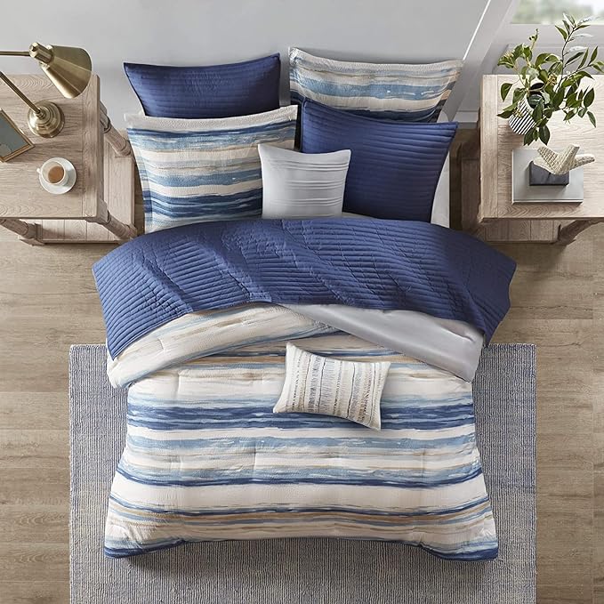 Madison Park Marina Comforter Quilt Combo Set - Modern Luxury Design, All Season Down Alternative Bedding, Matching Shams, Decorative Pillows, Full/Queen(90"x90"), Seersucker Blue 8 Piece - LeafyLoom