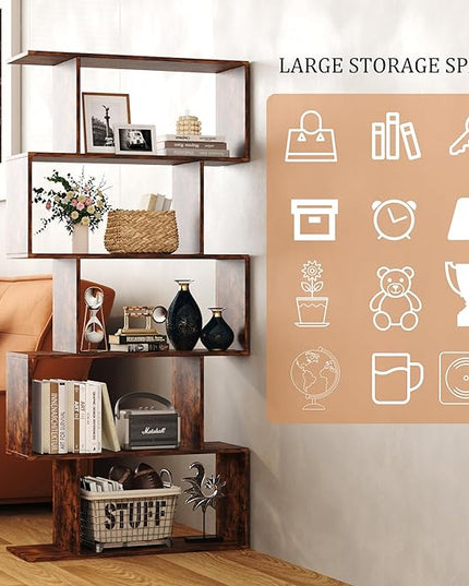 Yusong Bookshelf 5-Tier, Geometric Bookcase S Shaped Book Shelves for Bedroom, Modern Industrial Wood Decorative Display Shelf Book Case for Home Office, Rustic Brown - LeafyLoom