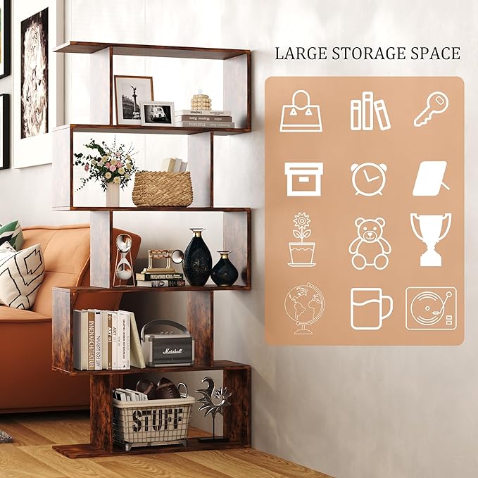 Yusong Bookshelf 5-Tier, Geometric Bookcase S Shaped Book Shelves for Bedroom, Modern Industrial Wood Decorative Display Shelf Book Case for Home Office, Rustic Brown - LeafyLoom