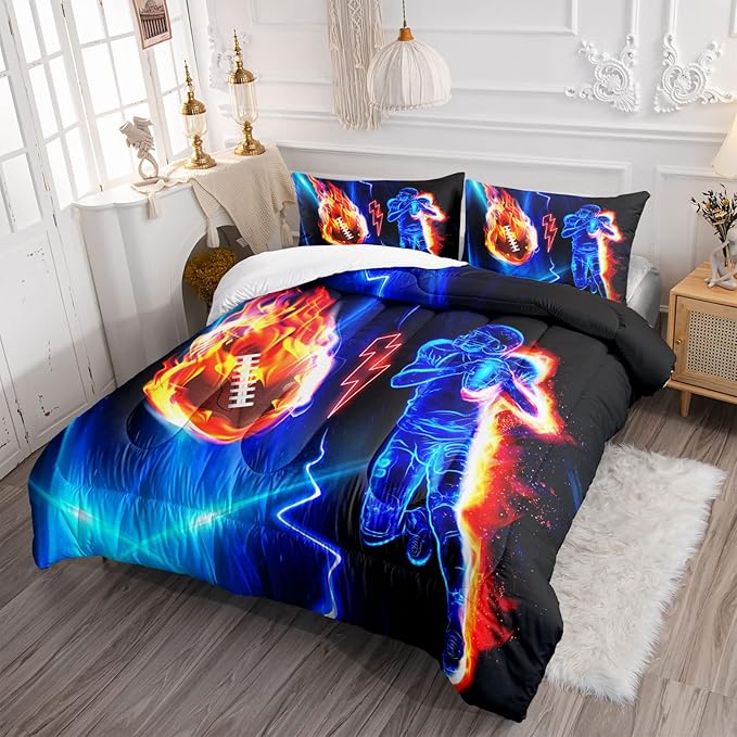 Axolotl Football Comforter Queen,Cool Blue Football Bedding Sports Theme Comforter Set For Boys,3D Rugby Sports Bedding Set Football Player On Fire For Boys Kids Teens,1 Quilt 2 Pillowcases,Black Blue - LeafyLoom