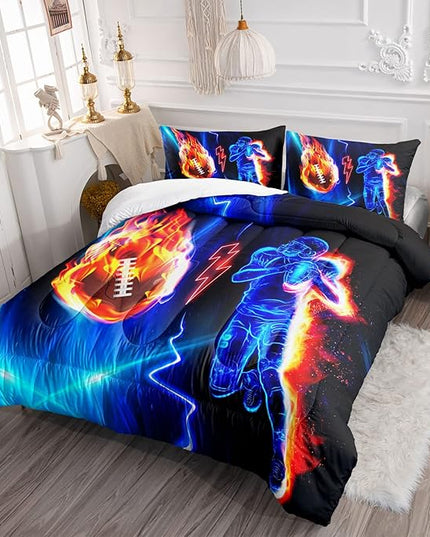 Axolotl Football Comforter Twin,Cool Blue Football Bedding Sports Theme Comforter Set for Boys,3D Rugby Sports Bedding Set Football Player On Fire for Boys Kids Teens,1 Quilt 2 Pillowcases,Black Blue - LeafyLoom