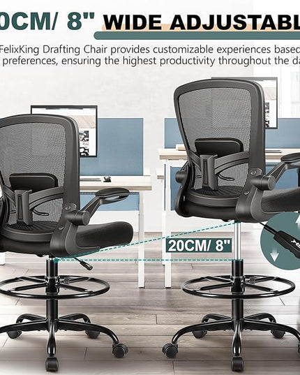FelixKing Drafting Chair Ergonomic Tall Office Chair, Breathable Mesh Chair with Adjustable Footrest Ring Lumbar Support Flip-up Armrests, High Back Executive Comfy Task Computer Chair for Home Office - LeafyLoom