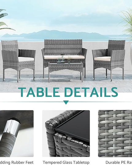 Patio Furniture, 4 Piece Conversation Set, Outdoor Wicker Rattan Table and Chairs, Sectional Sofa with Thick Cushion for Garden, Yard, or Porch, Grey - LeafyLoom