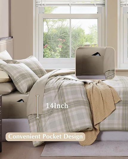 Beige Comforter Full Size, Khaki Green Plaid Full Size Comforter Sets for Boys & Girls,Classic Homestead-style Bedding Sets Full with Full Size Bed Sheets and Comforter Set - LeafyLoom