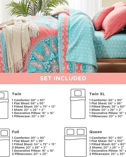 Degrees of Comfort Bed in A Bag Queen Size, Boho Mandala 8 Piece Complete Comforter Sets with Sheet for Women, Microfiber Bohemian Colorful Bedding Set, Matching Decorative Pillow, Coral - LeafyLoom