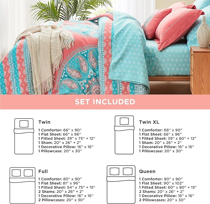Degrees of Comfort Bed in A Bag Queen Size, Boho Mandala 8 Piece Complete Comforter Sets with Sheet for Women, Microfiber Bohemian Colorful Bedding Set, Matching Decorative Pillow, Coral - LeafyLoom