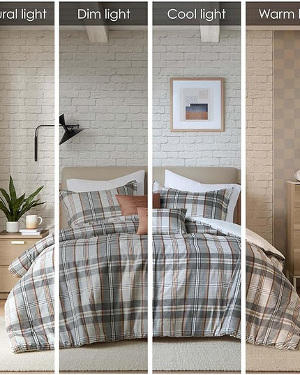 Intelligent Design Queen Comforter Set Plaid Classic Cabin Lodge Comforter Queen Size, Modern Casual, Lightweight All Season Bedding Set Queen, Sham, Décor Pillows, Blake, Full/Queen, Tan/Gray 5 Piece - LeafyLoom