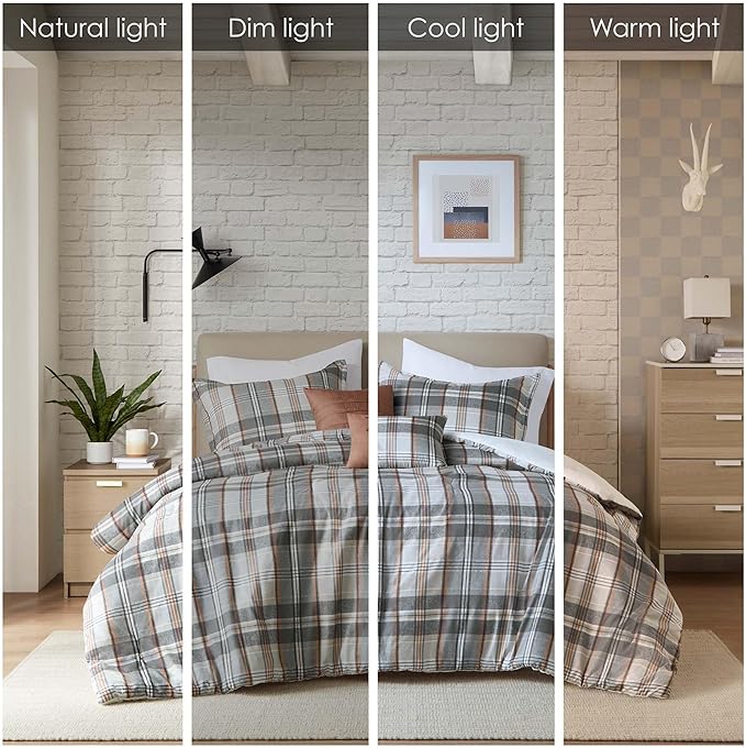 Intelligent Design Queen Comforter Set Plaid Classic Cabin Lodge Comforter Queen Size, Modern Casual, Lightweight All Season Bedding Set Queen, Sham, Décor Pillows, Blake, Full/Queen, Tan/Gray 5 Piece - LeafyLoom