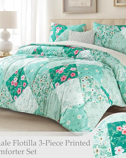 Whale Flotilla King Comforter Set, Soft Reversible Light Green Bedding Comforter Set with Boho Pattern, 1 Micoriber Patchwork Comforter and 2 Pillow Shams, 3 Pieces - LeafyLoom