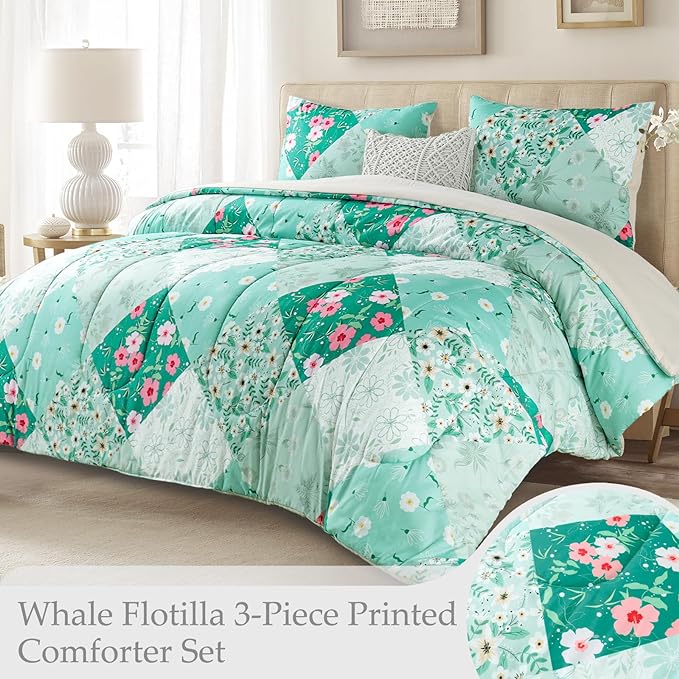 Whale Flotilla King Comforter Set, Soft Reversible Light Green Bedding Comforter Set with Boho Pattern, 1 Micoriber Patchwork Comforter and 2 Pillow Shams, 3 Pieces - LeafyLoom