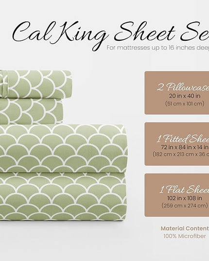4 Piece California King Bedding Sheet Set (Sage Scallops) - Sleep Better Than Ever with These Ultra-Soft & Cooling Bed Sheets for Your Cal King Size Bed - Deep Pocket Fits 16" Mattress - LeafyLoom