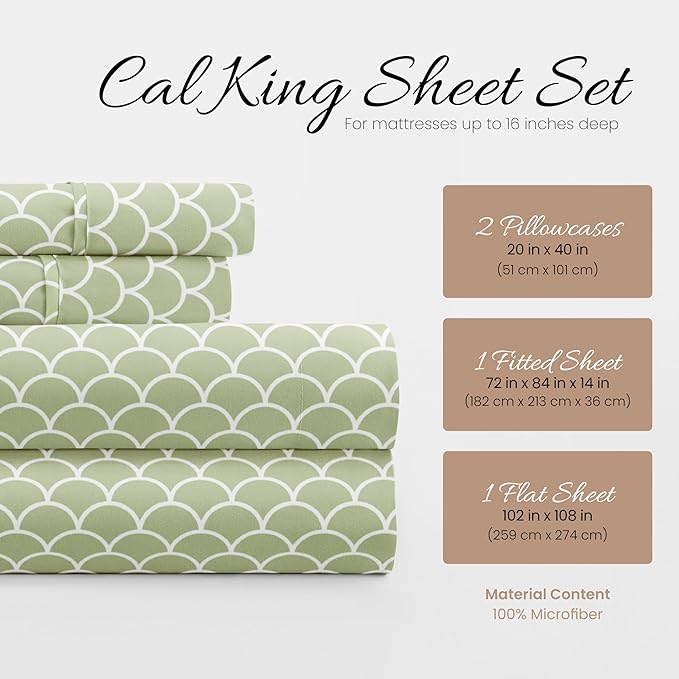 4 Piece California King Bedding Sheet Set (Sage Scallops) - Sleep Better Than Ever with These Ultra-Soft & Cooling Bed Sheets for Your Cal King Size Bed - Deep Pocket Fits 16" Mattress - LeafyLoom