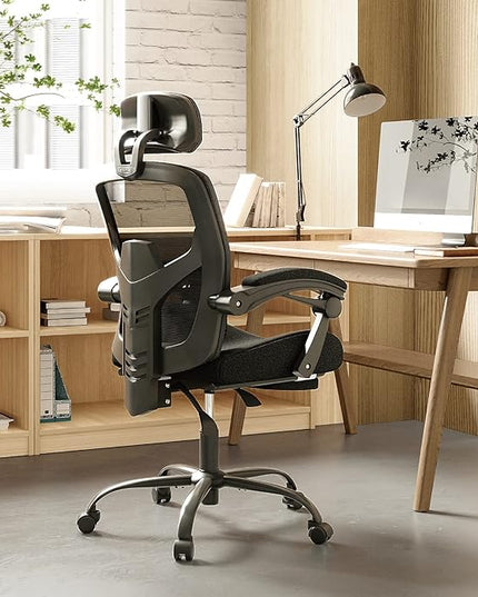 edx Ergonomic Office Chair, Reclining High Back Mesh Computer Desk Swivel Rolling Home Task Chair with Lumbar Support Pillow, Adjustable Headrest, Retractable Footrest and Padded Armrests, Black - LeafyLoom