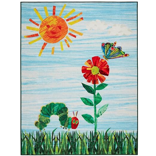 Eric Carle "The Very Hungry Caterpillar Elementary Sun Scene Kids Machine Washable Area Rug, Blue/Green, 4'11"x6'6" - LeafyLoom