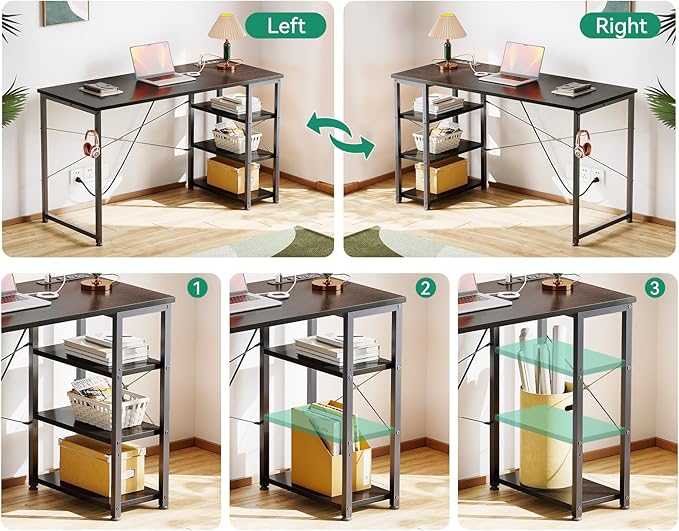 AODK Laptop Desk Office Desk, 48 Inch Computer Desk with Power Outlet and USB & Type-C Charging Port, Writing Desk with 3-Tier Reversible Storage Shelf for Home Office, 48'' x 16'', Black - LeafyLoom