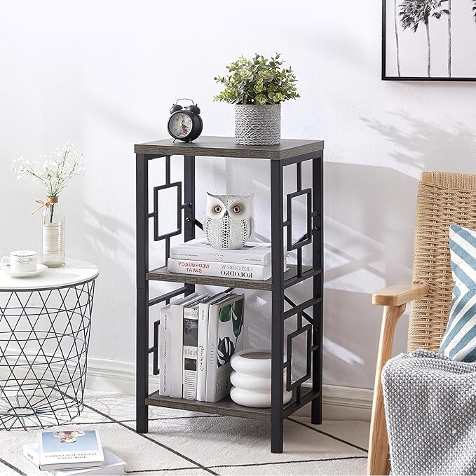 Small Bookshelf, 3 Tier Vintage Industrial Small Bookshelf for Small Spaces, Freestanding Open Shelf Bookcase, Versatile Bookshelf for Home Office, Bedroom & Living Room, Grey - LeafyLoom