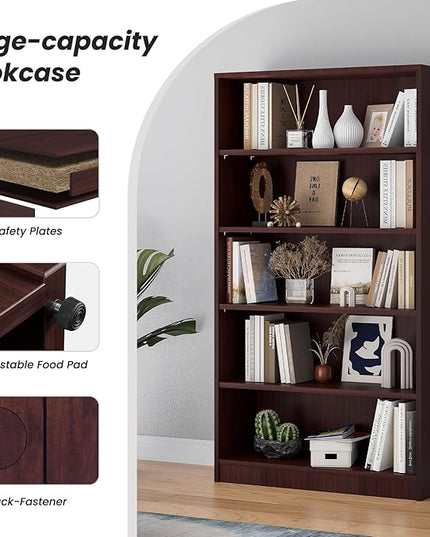 Farini 5 shelf boockase Display Bookcase Freestanding Wooden Bookshelves for Home Office Living Room,60 Inch Height,Mahogany - LeafyLoom