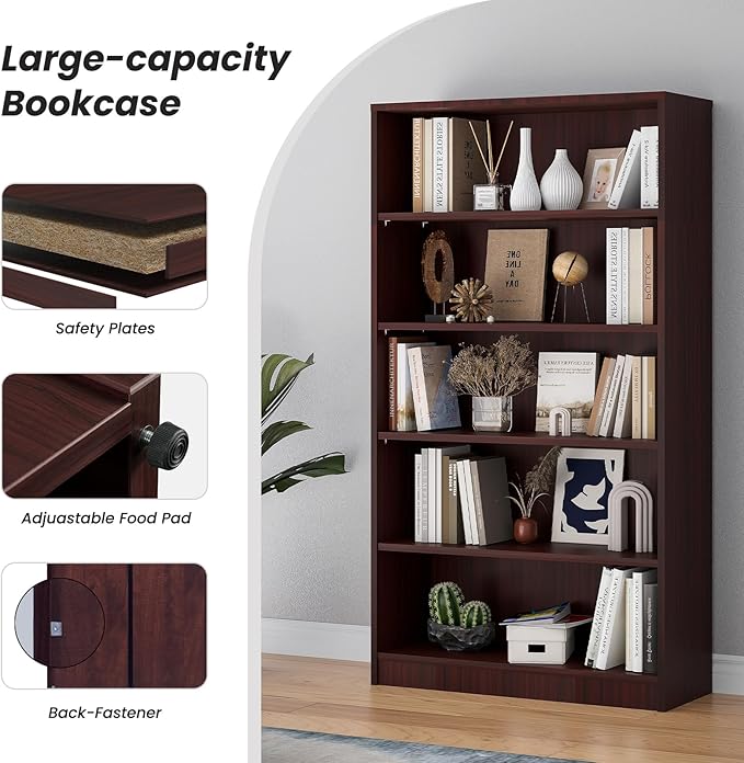 Farini 5 shelf boockase Display Bookcase Freestanding Wooden Bookshelves for Home Office Living Room,60 Inch Height,Mahogany - LeafyLoom