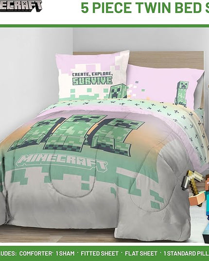 Minecraft Creeper Twin Comforter Set - 5 Piece Bedding includes Sheet Set & Pillow Covers - Super Soft Pink & Green Kids Bedding - LeafyLoom