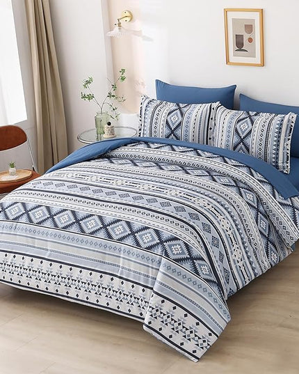 Dinjoy Blue Comforter Set Queen Size, Western Bedding Sets Queen 7 Pieces Bed in a Bag Geometric Striped Comforters with Sheets Aztec Patchwork Complete Set for All Seasons 90"x90" - LeafyLoom