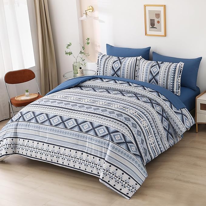 Dinjoy Blue Comforter Set Queen Size, Western Bedding Sets Queen 7 Pieces Bed in a Bag Geometric Striped Comforters with Sheets Aztec Patchwork Complete Set for All Seasons 90"x90" - LeafyLoom