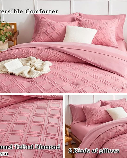 7 Pieces Tufted Bed in a Bag Queen Comforter Set with Sheets Pink, Soft and Embroidery Shabby Chic Boho Bohemian, Luxury Solid Color with Diamond Pattern, Jacquard Tufts Bedding Set for All Season - LeafyLoom