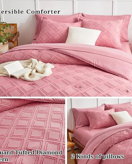 6 Pieces Tufted Bed in a Bag Twin Comforter Set with Sheets Pink, Soft and Embroidery Shabby Chic Boho Bohemian, Luxury Solid Color with Diamond Pattern, Jacquard Tufts Bedding Set for Kids Girls - LeafyLoom