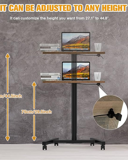 Rolling Desk with Adjustable Height, Sit-to-Stand Desk with Lockable Wheels, 28-Inch Rolling Standing Mobile Desk Cart for Home Office Classroom (Rustic Brown) - LeafyLoom