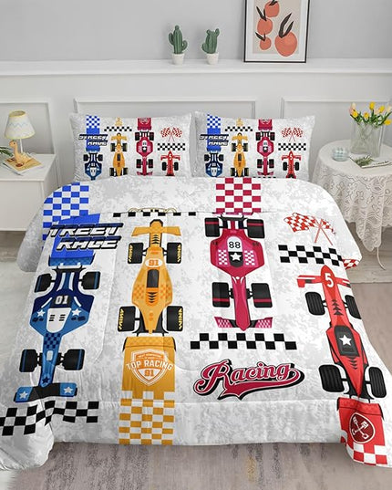 Axolotl Racing Car Comforter Set Twin Size,Colorful Sports Car Bedding Set for Kids Boys Teen Adult,Extreme Speed Race Bedding Sets Car Theme Bedroom Decor with 1 Comforter and 2 Pillowcases - LeafyLoom
