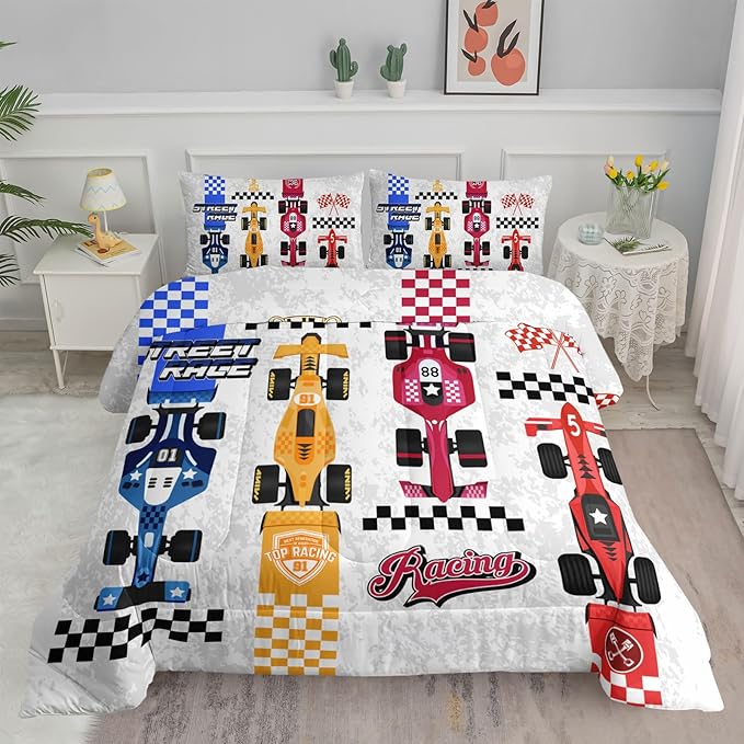 Axolotl Racing Car Comforter Set Queen Size,Colorful Sports Car Bedding Set for Kids Boys Teen Adult,Extreme Speed Race Bedding Sets Car Theme Bedroom Decor with 1 Comforter and 2 Pillowcases - LeafyLoom