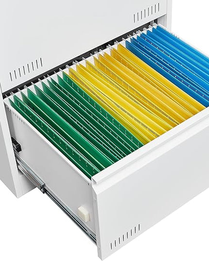 2 Drawer Lateral Lock and Card Holder, Multifunctional Metal Filing Cabinets w/Heavy 3 Section Slide Rail & Breathable Holes,for Legal/Letter/A4,White - LeafyLoom