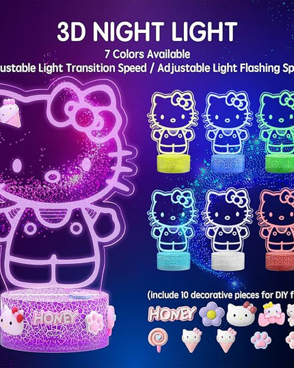 Kitty Night Light Room Decor Gift, Cute Birthday Gifts for Baby Girls Kids, Kitty LED Light for Bedroom Decorations, Kitty Lamp with Remote Control, Dimmer, Timer, RGB Light, 3D Cute Stickers - LeafyLoom