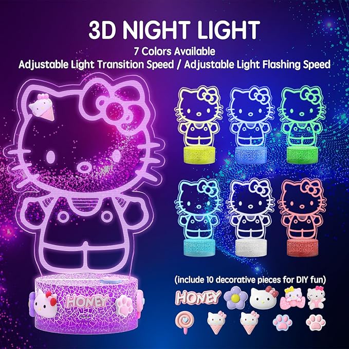 Kitty Night Light Room Decor Gift, Cute Birthday Gifts for Baby Girls Kids, Kitty LED Light for Bedroom Decorations, Kitty Lamp with Remote Control, Dimmer, Timer, RGB Light, 3D Cute Stickers - LeafyLoom