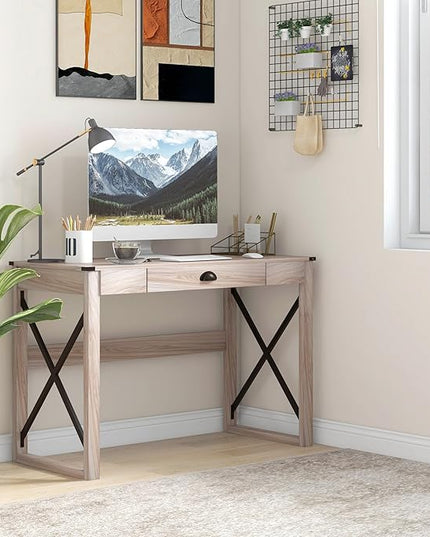 HOMCOM 44 inch Home Office Computer Desk, Rustic Writing Desk, Farmhouse Workstation with Storage Drawer, X-Frame - LeafyLoom