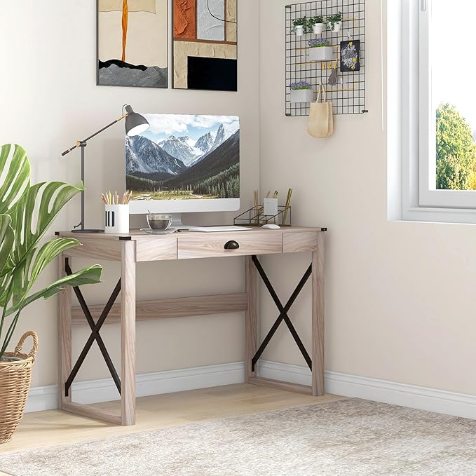 HOMCOM 44 inch Home Office Computer Desk, Rustic Writing Desk, Farmhouse Workstation with Storage Drawer, X-Frame - LeafyLoom