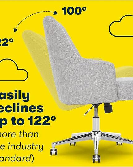 Serta Leighton Modern Office Chair, Stylish Mid-Back Desk Chair, Rivet Detail, Serta Quality Memory Foam, Armchair with Wheels, Vanity Chair, Swivel Chrome Metal Base, Twill Fabric, Light Gray - LeafyLoom