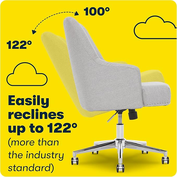 Serta Leighton Modern Office Chair, Stylish Mid-Back Desk Chair, Rivet Detail, Serta Quality Memory Foam, Armchair with Wheels, Vanity Chair, Swivel Chrome Metal Base, Twill Fabric, Light Gray - LeafyLoom